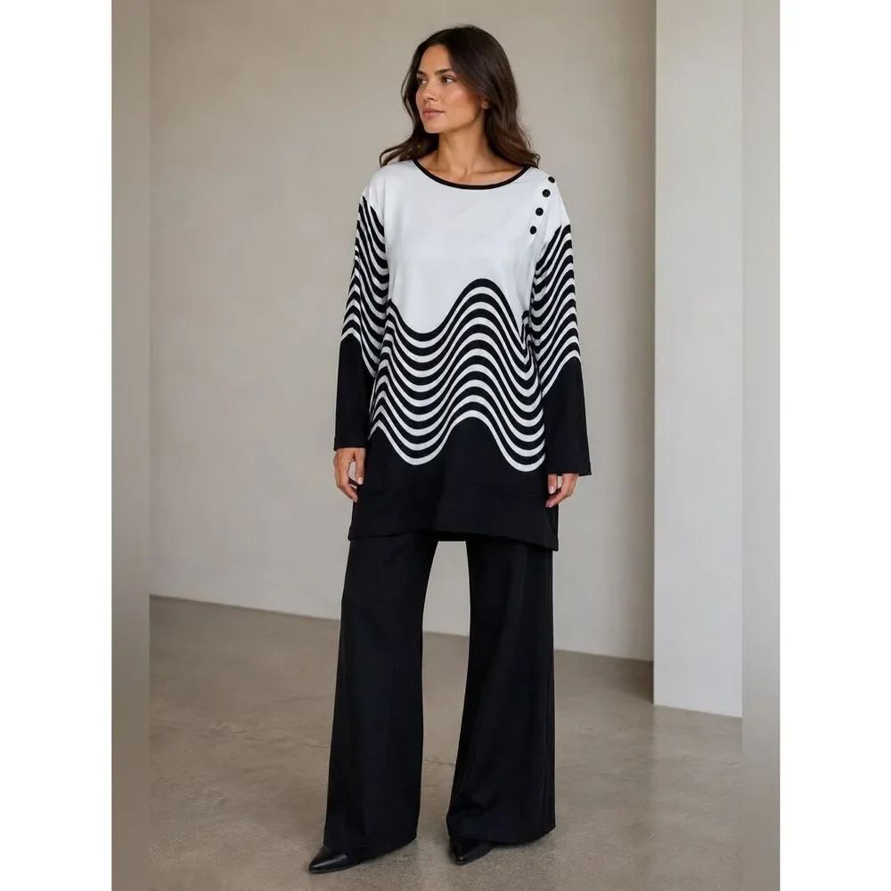 Lily’s By Firmiana Bubbles Print Dress White Black Gray Tunic Sz 3X Long Sleeve